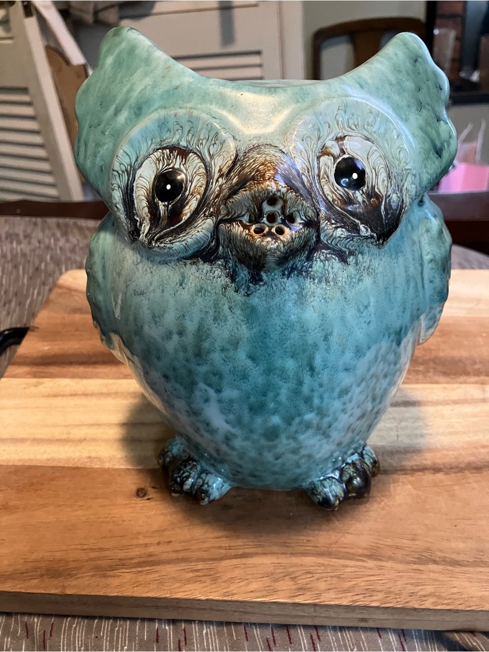 Vintage Handcrafted Turquoise Glazed Ceramic Owl Pitcher